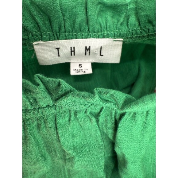 THML Embroidered Puff Sleeve Top Ruffle Neck Button Back Green Pink SMALL EUC - Picture 11 of 13